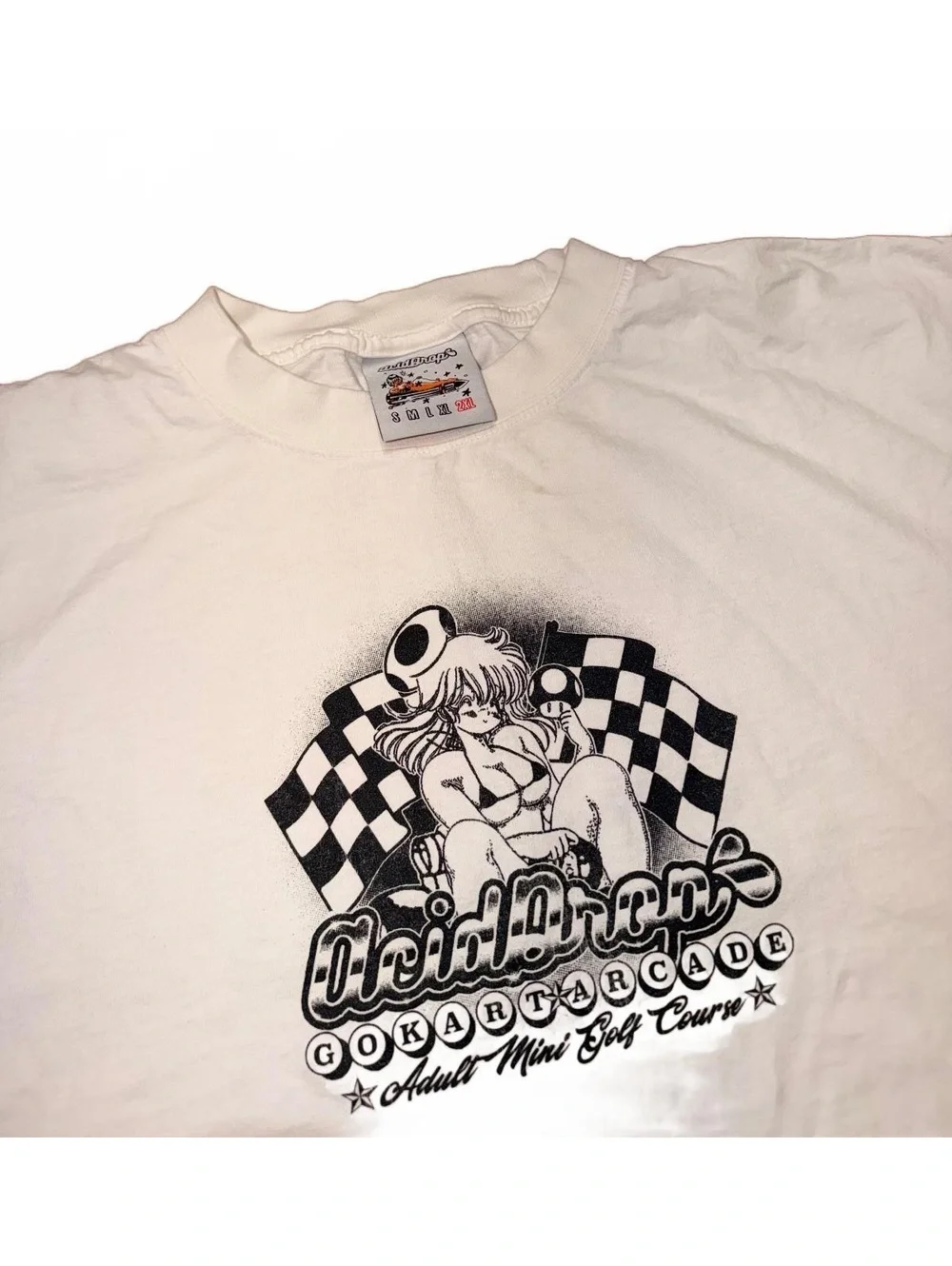 Vintage Acid Drops Go-Kart Arcade T-Shirt Checkered Flag Pin-Up Graphic White